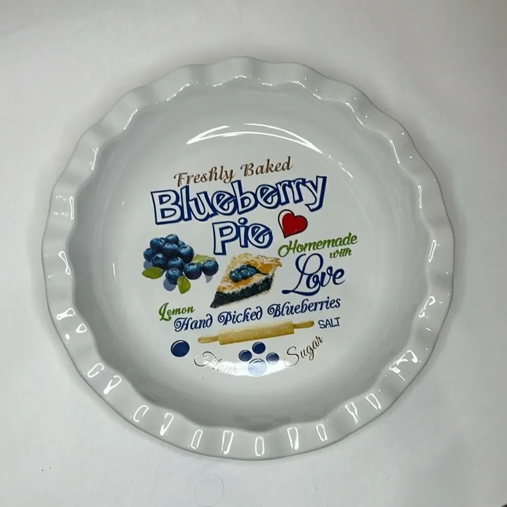 Blueberry Pie Plate 9 3/4 Inch Round Fluted Rim White Blue Homemade Sugar Flour